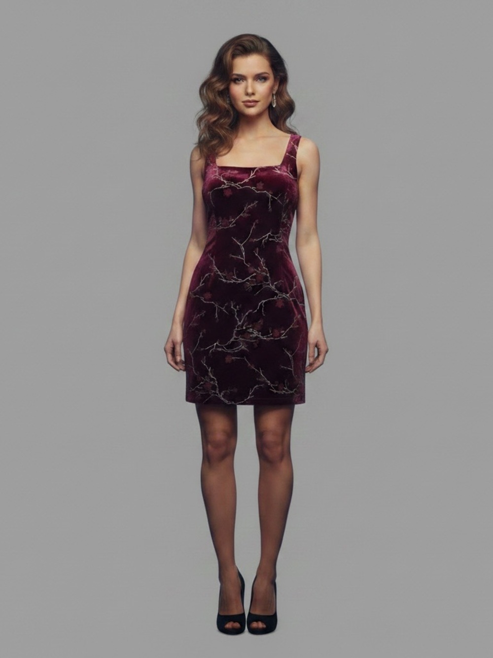 Joule | Velvet square neck burgundy floral bodycon mini dress size small